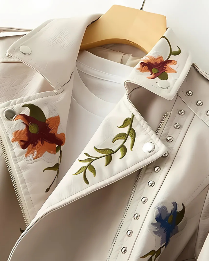 Women's Chic Faux Leather Jacket with Floral Embroidery