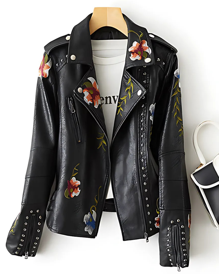 Women's Chic Faux Leather Jacket with Floral Embroidery