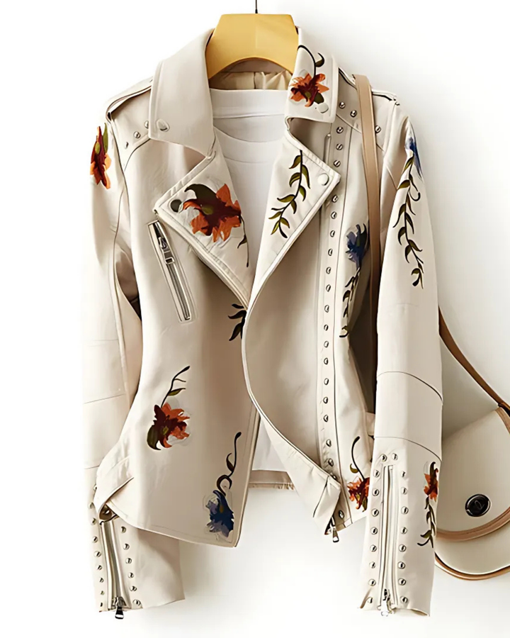 Women's Chic Faux Leather Jacket with Floral Embroidery