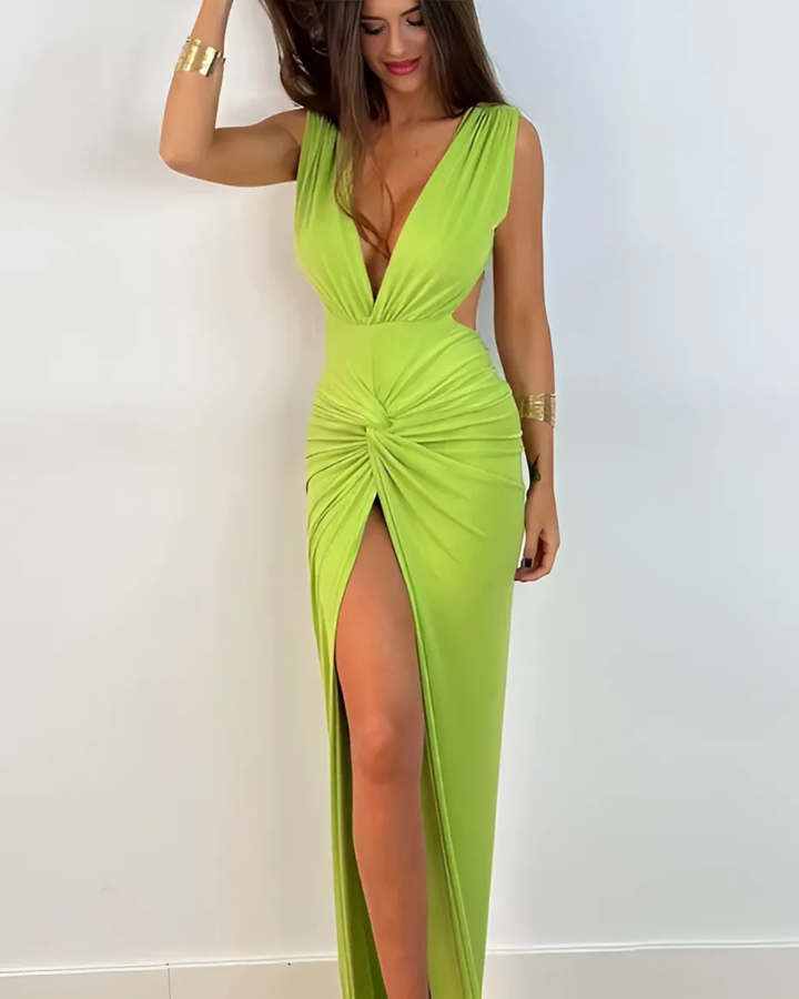 Women's Chic Plunge Neck Dress with High Slit