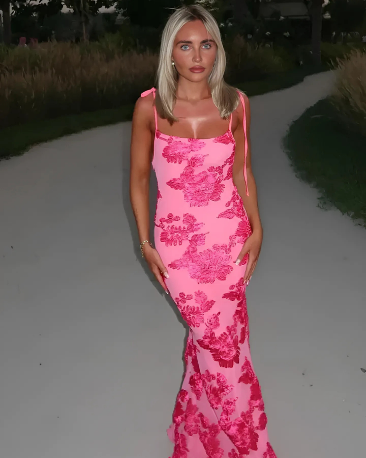Women's Elegant Floral Maxi Dress With Shoulder Ties
