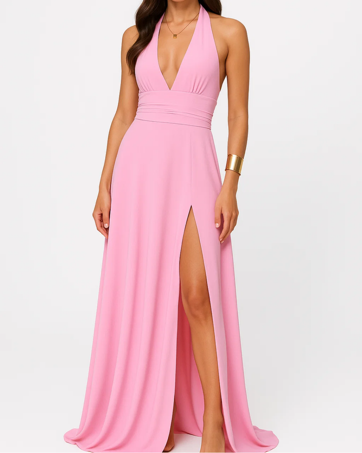 Women's Elegant Maxi Dress With Plunging Neckline And Leg Slit