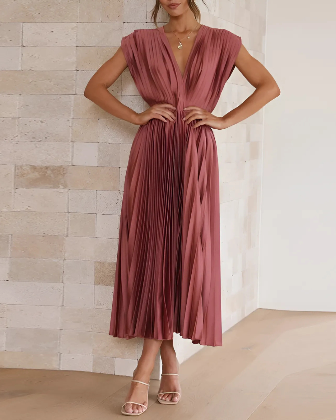 Women's Elegant Pleated Dress With V-Neck