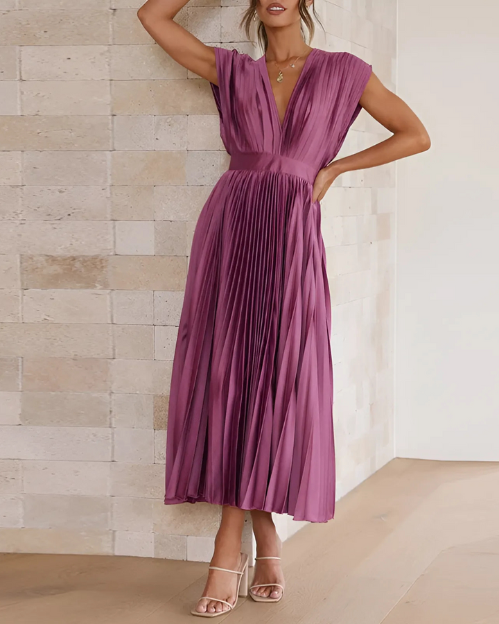 Women's Elegant Pleated Dress With V-Neck