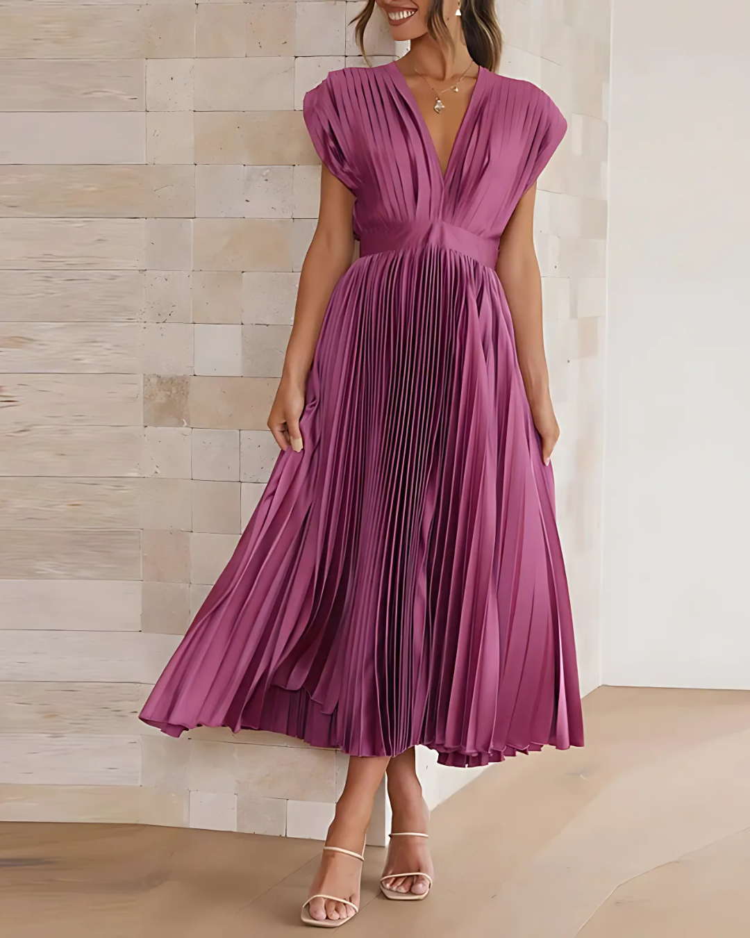 Women's Elegant Pleated Dress With V-Neck