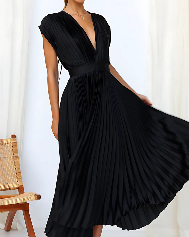 Women's Elegant Pleated Dress With V-Neck