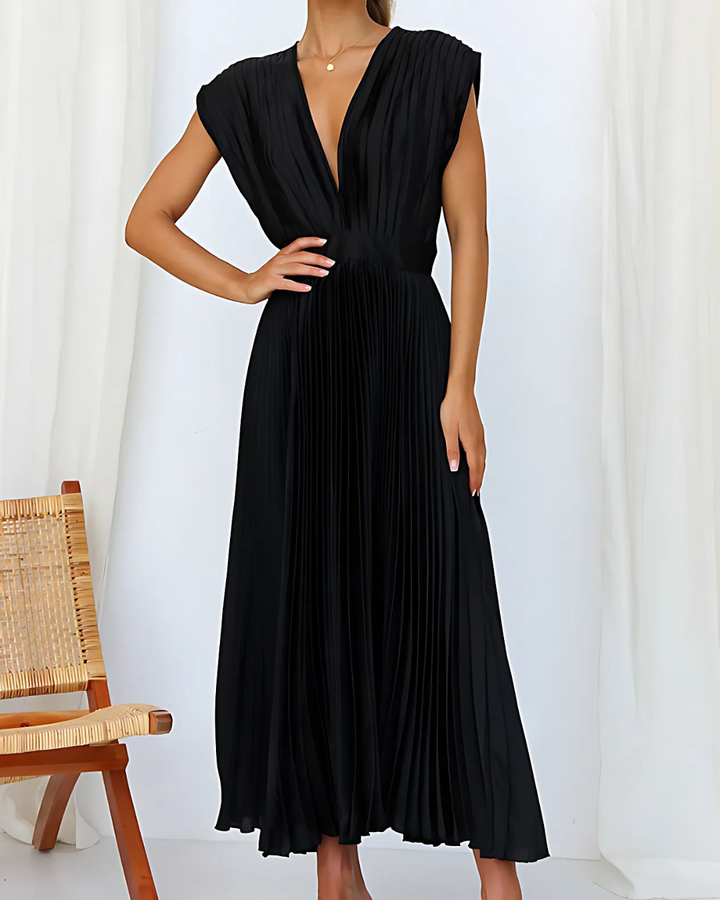 Women's Elegant Pleated Dress With V-Neck