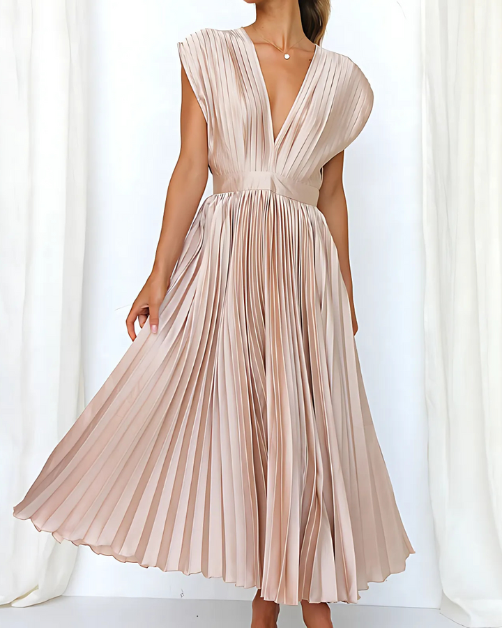 Women's Elegant Pleated Dress With V-Neck