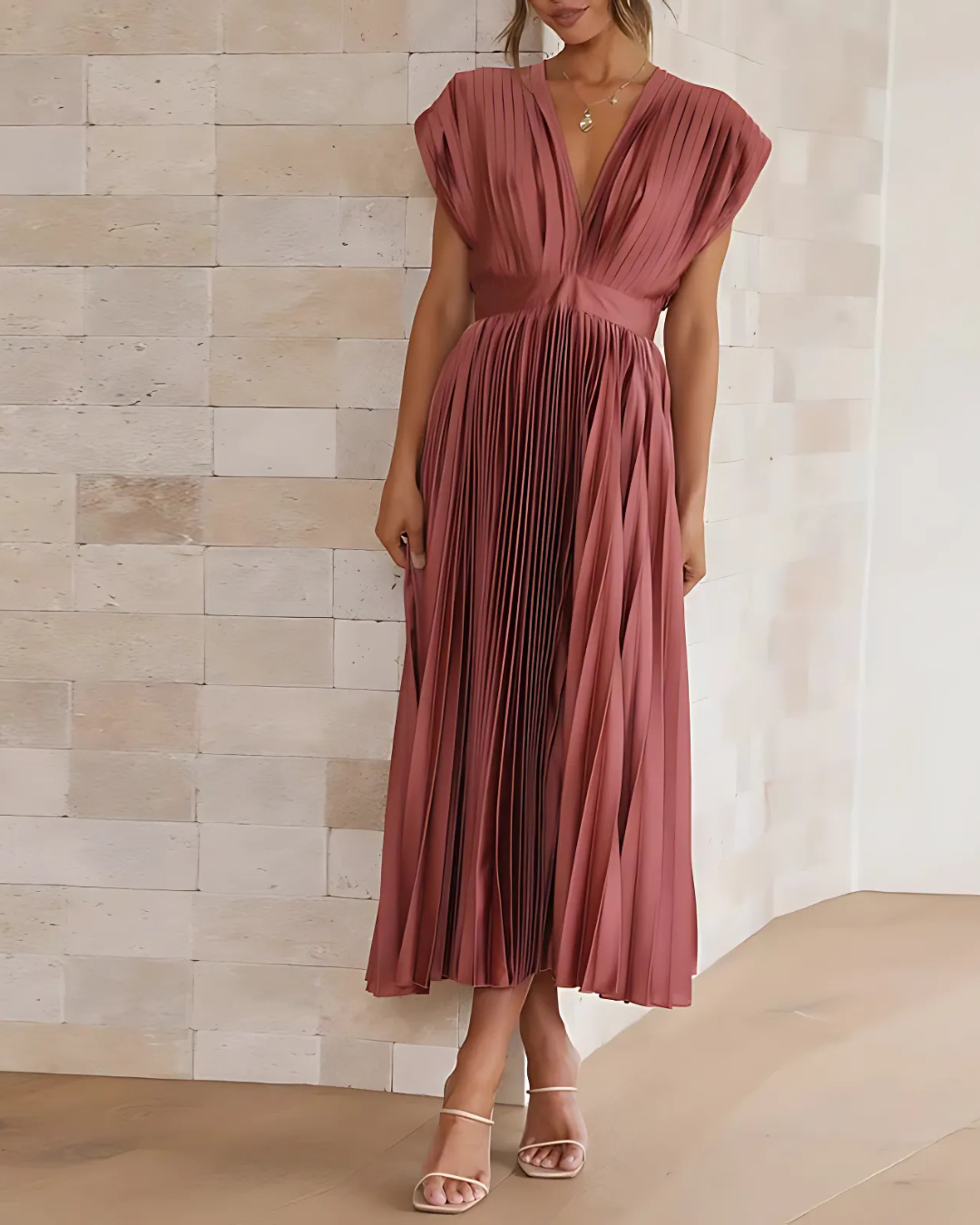 Women's Elegant Pleated Dress With V-Neck