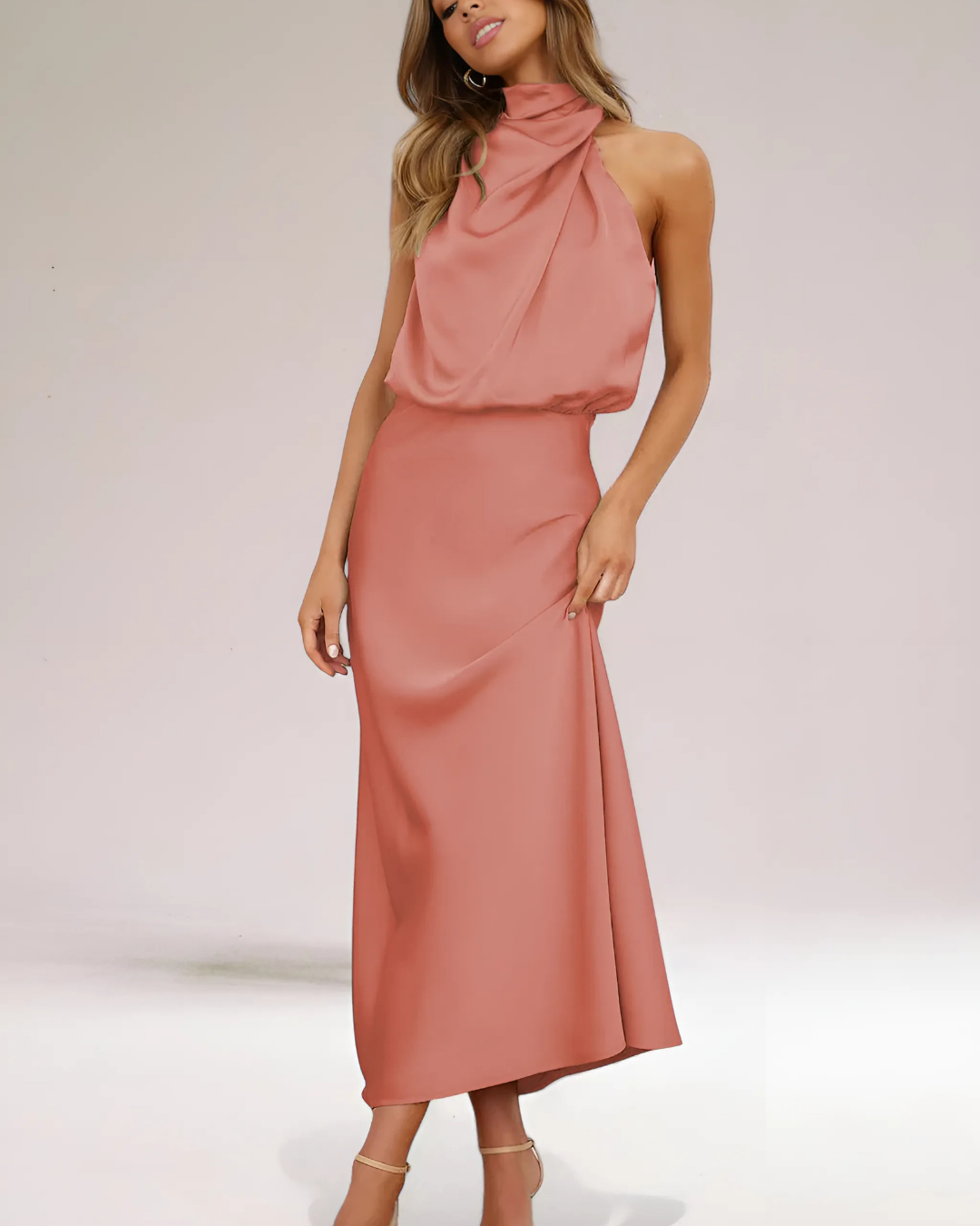 Women's Elegant Satin Dress with Halter Neckline