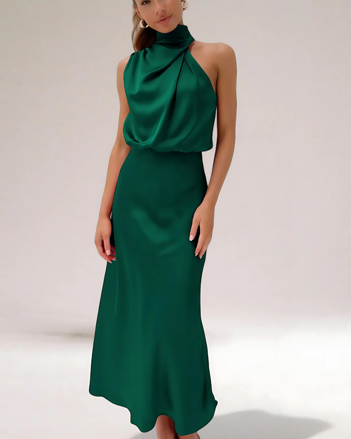 Women's Elegant Satin Dress with Halter Neckline