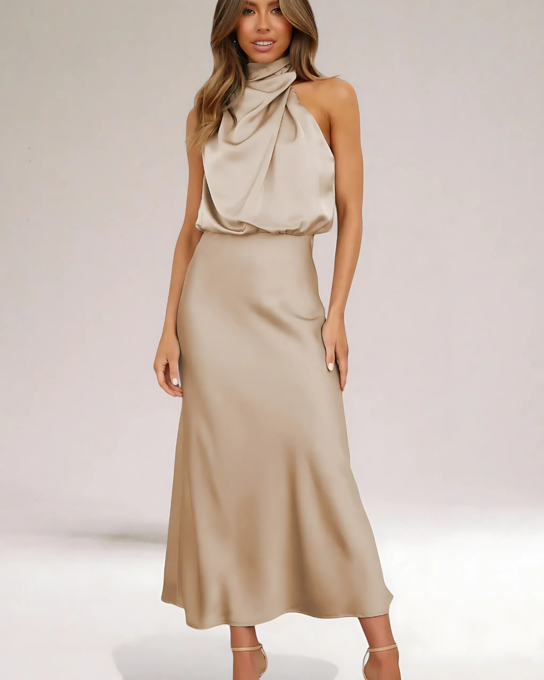 Women's Elegant Satin Dress with Halter Neckline