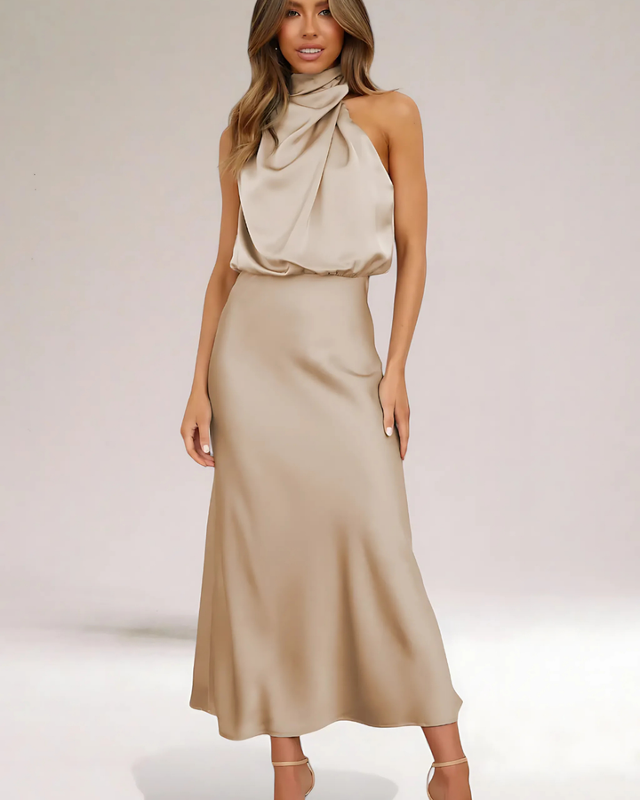 Women's Elegant Satin Dress with Halter Neckline
