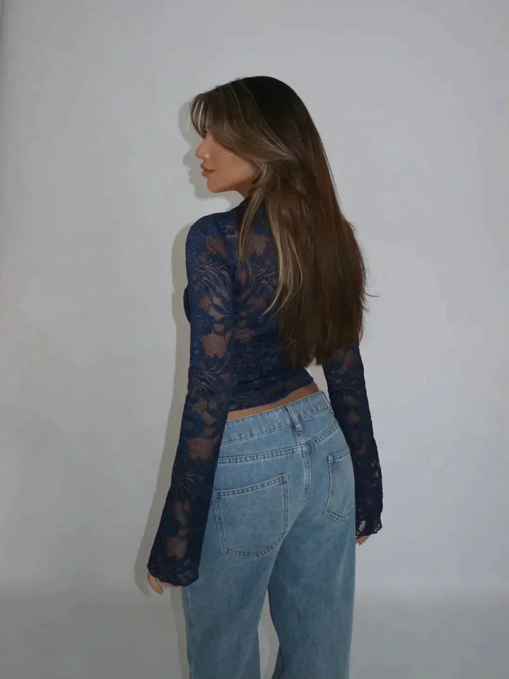 Women's Floral Lace Long Sleeve Crop Top