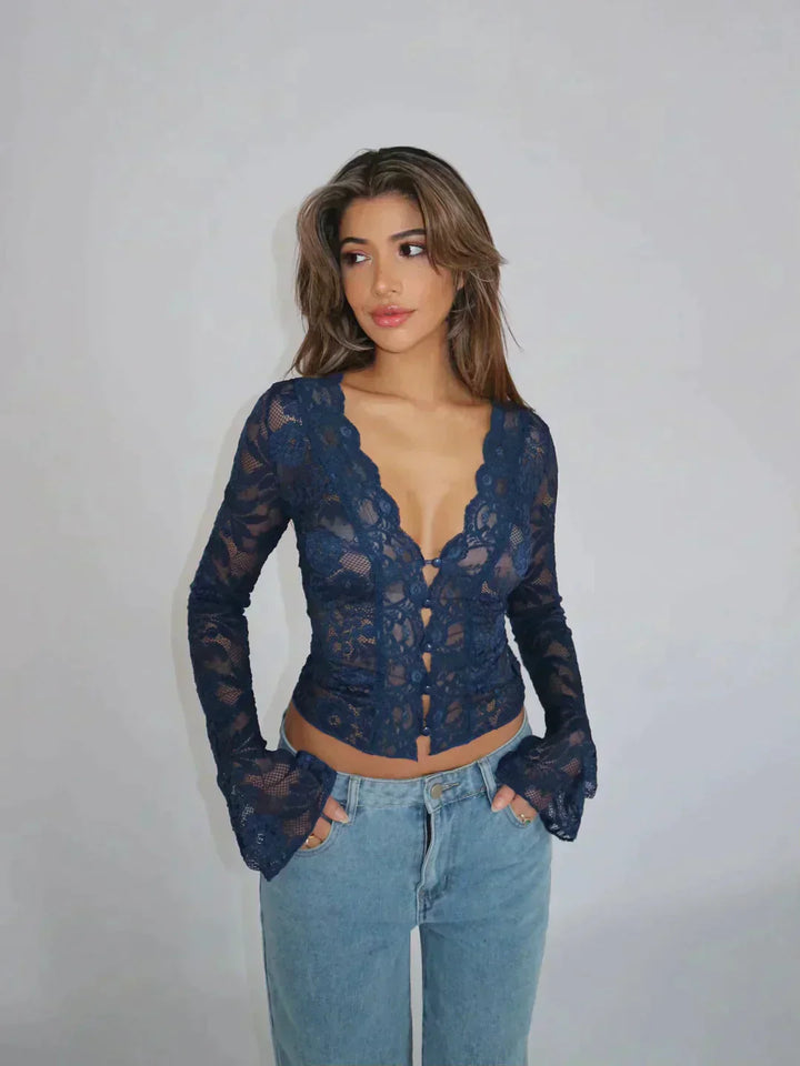 Women's Floral Lace Long Sleeve Crop Top