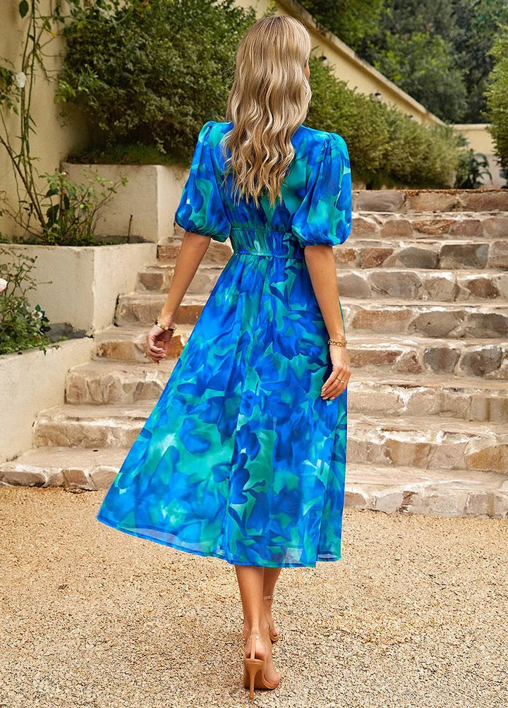 Women's Floral Midi Dress With Elastic Waist