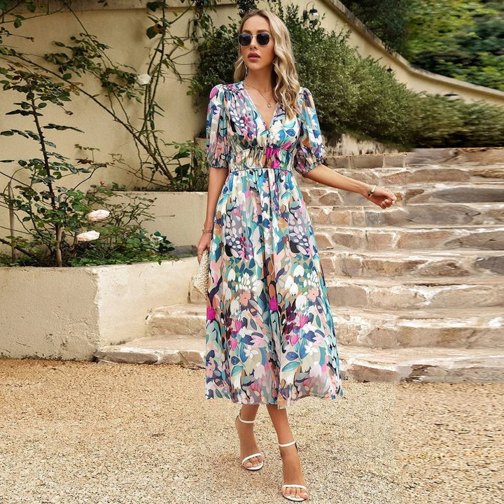 Women's Floral Midi Dress With Elastic Waist