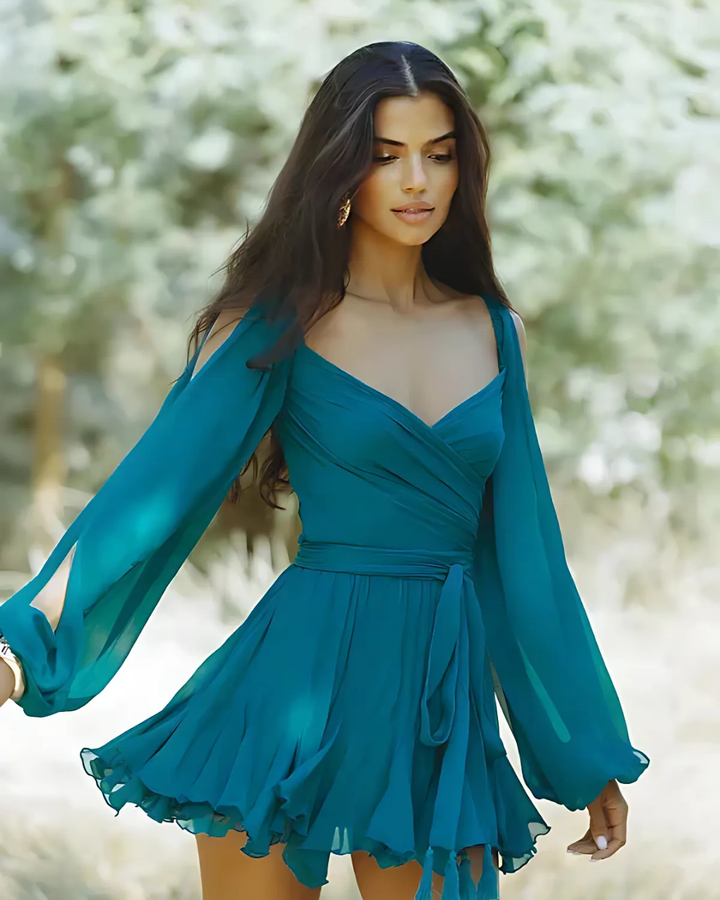 Women's Flowy Ruffled Mini Dress With Sleeves