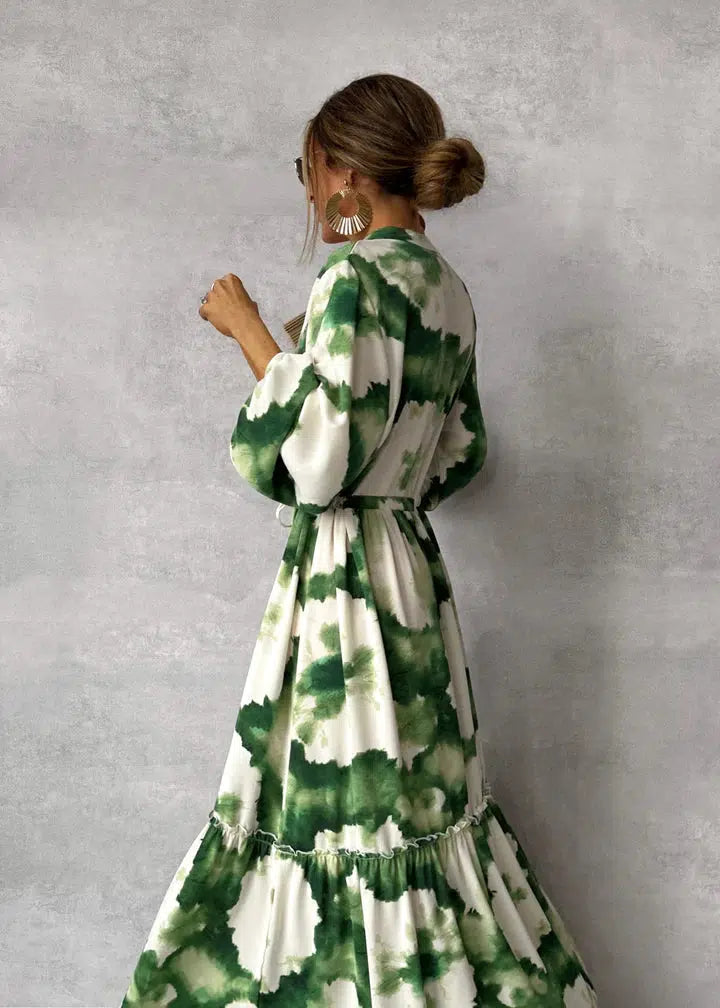 Women's Green Long Sleeve Maxi Dress with V-Neckline