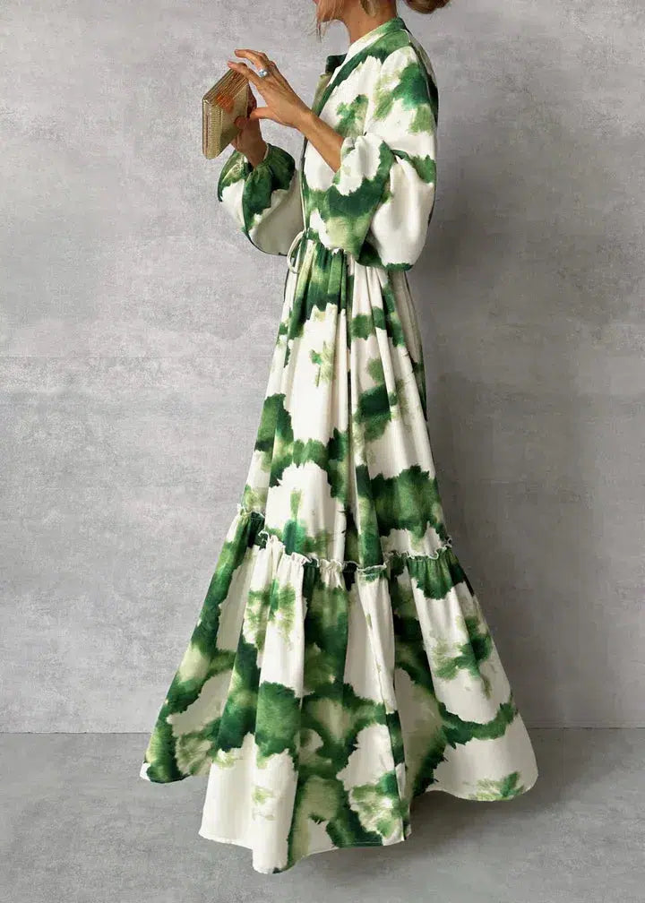 Women's Green Long Sleeve Maxi Dress with V-Neckline