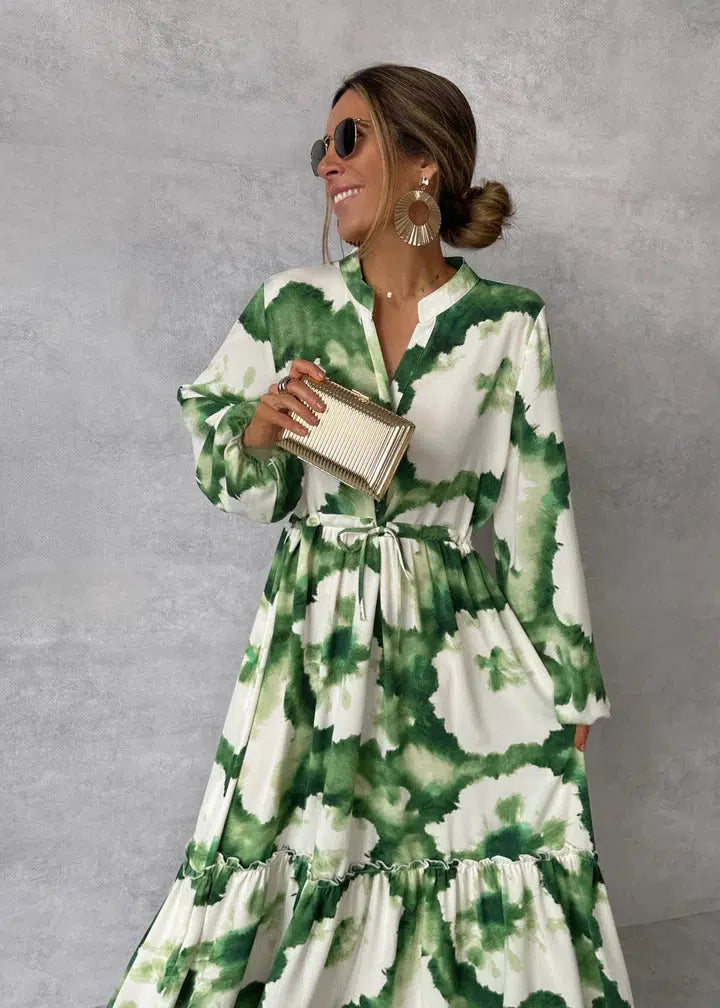 Women's Green Long Sleeve Maxi Dress with V-Neckline