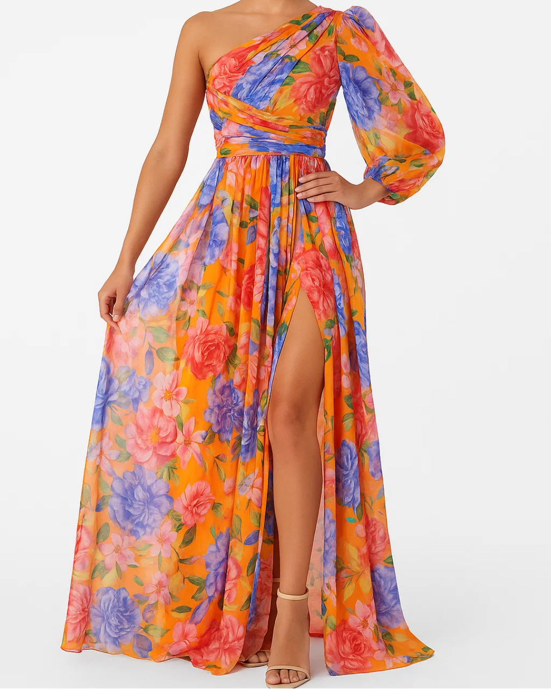 Women's One Shoulder Dress With Thigh High Slit