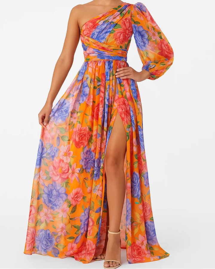 Women's One Shoulder Dress With Thigh High Slit