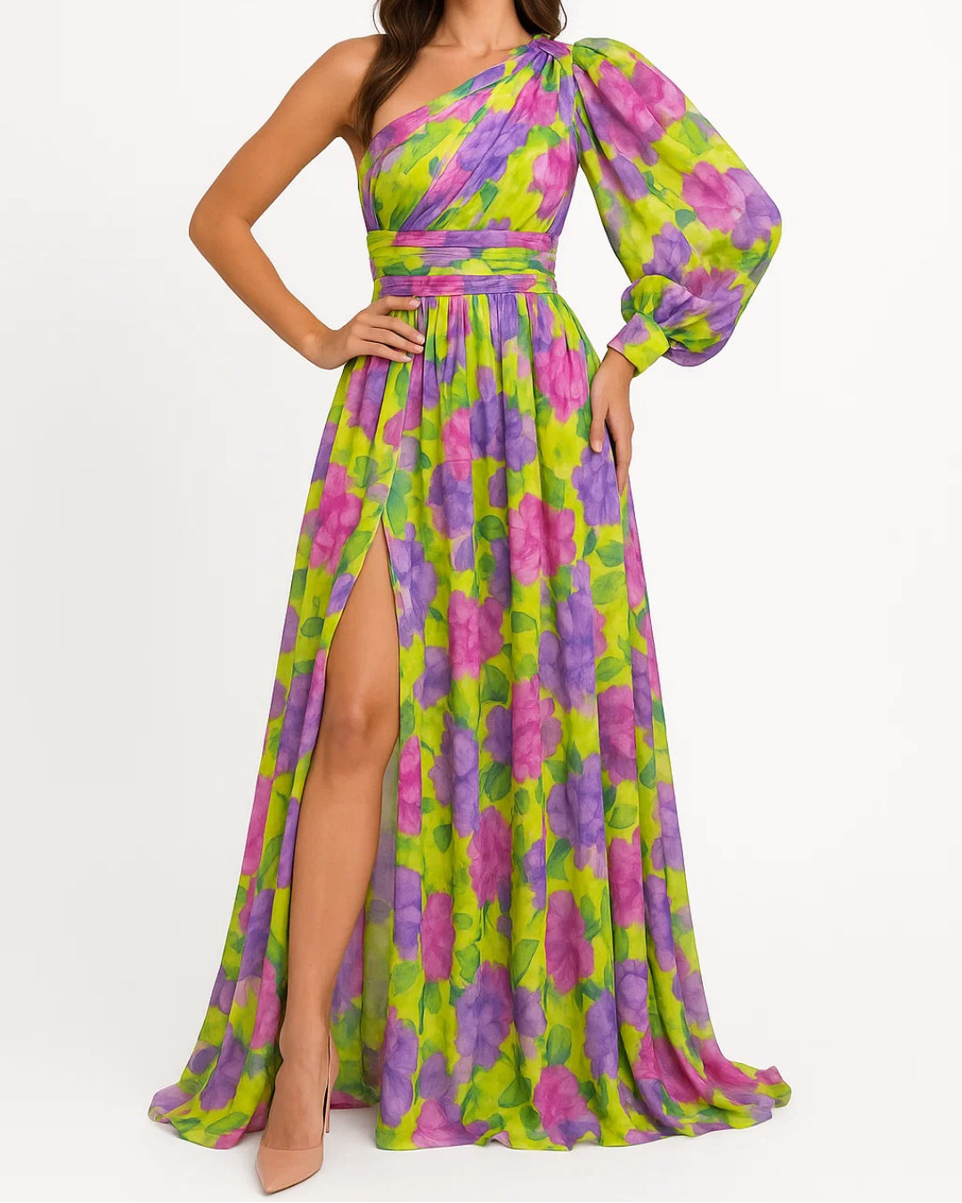 Women's One Shoulder Dress With Thigh High Slit