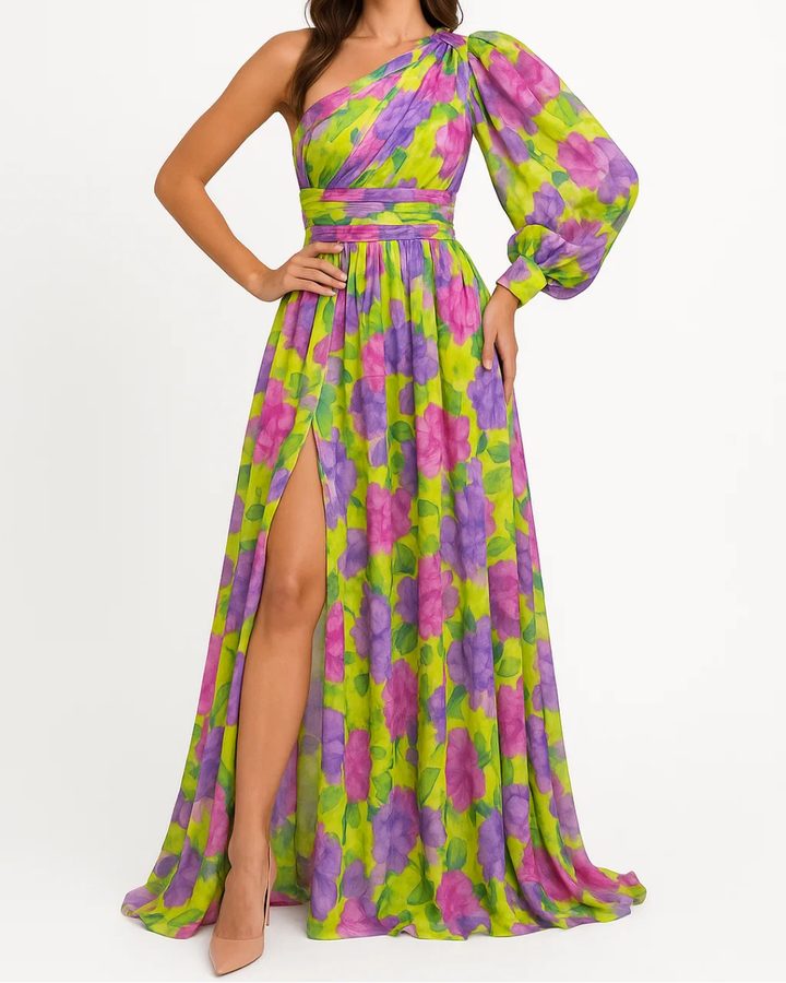 Women's One Shoulder Dress With Thigh High Slit