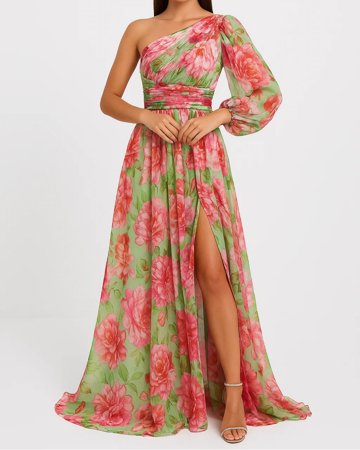 Women's One Shoulder Dress With Thigh High Slit