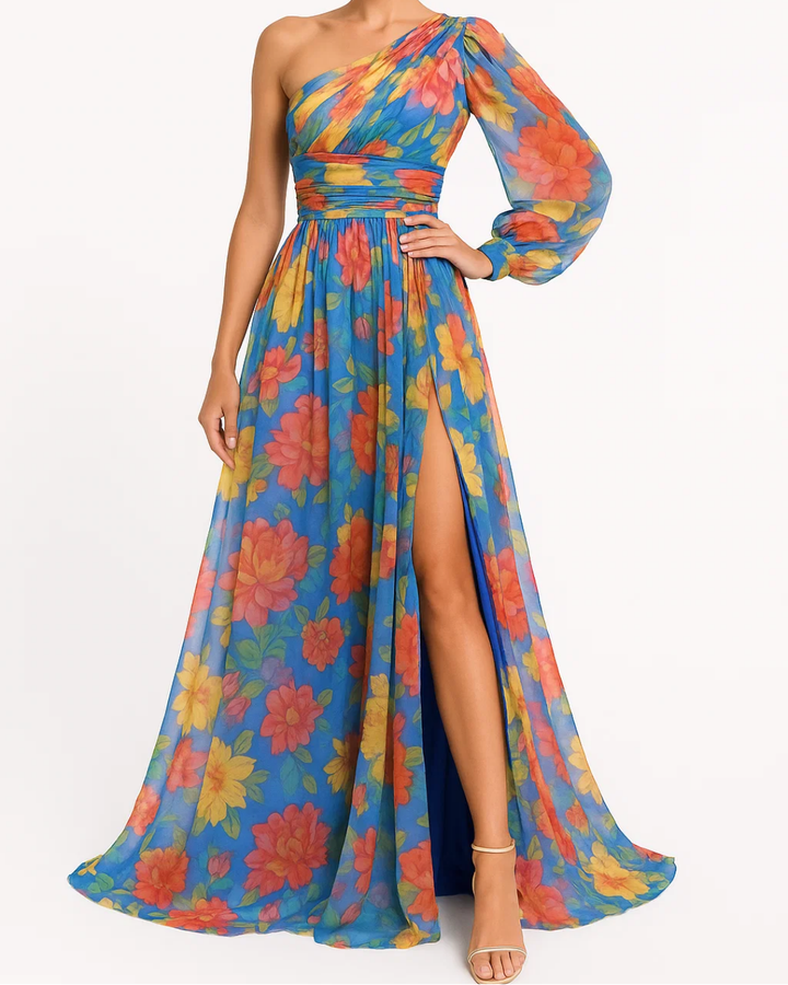 Women's One Shoulder Dress With Thigh High Slit