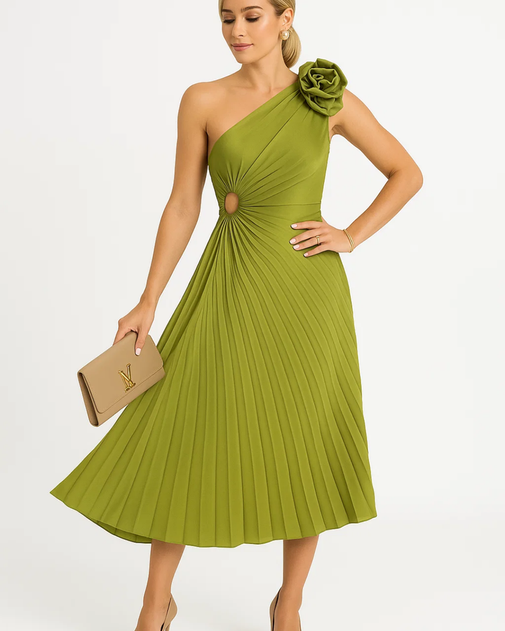 Women's One-Shoulder Pleated Midi Dress