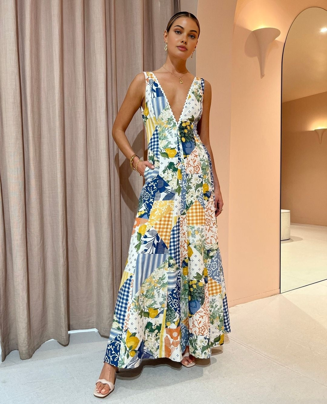 Women's Printed Lemon Lace-Trim Maxi Dress
