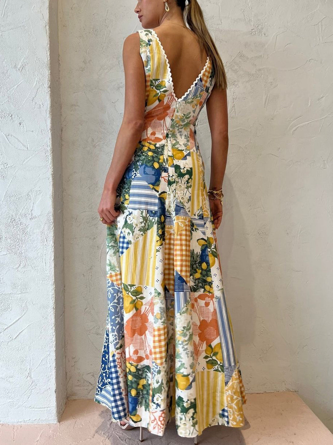 Women's Printed Lemon Lace-Trim Maxi Dress