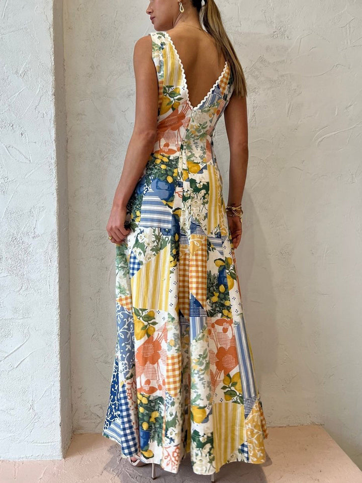 Women's Printed Lemon Lace-Trim Maxi Dress