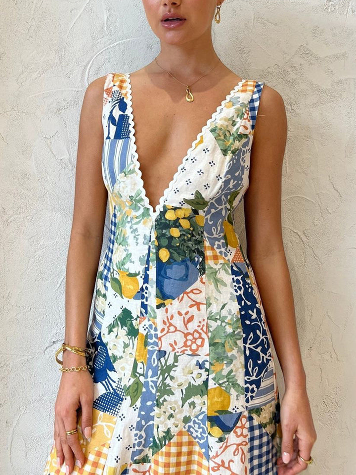 Women's Printed Lemon Lace-Trim Maxi Dress