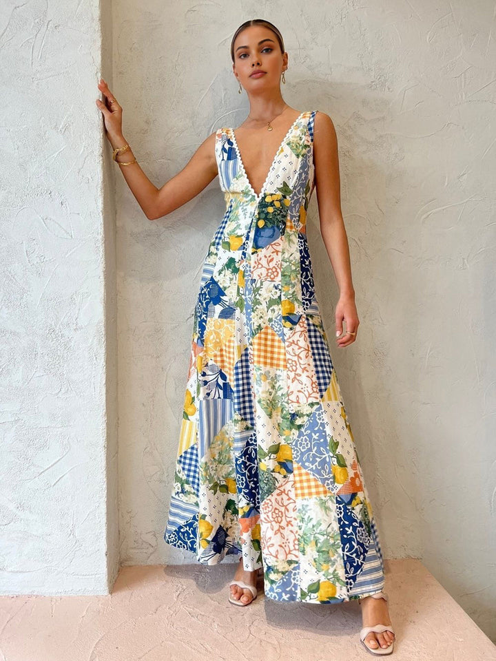 Women's Printed Lemon Lace-Trim Maxi Dress
