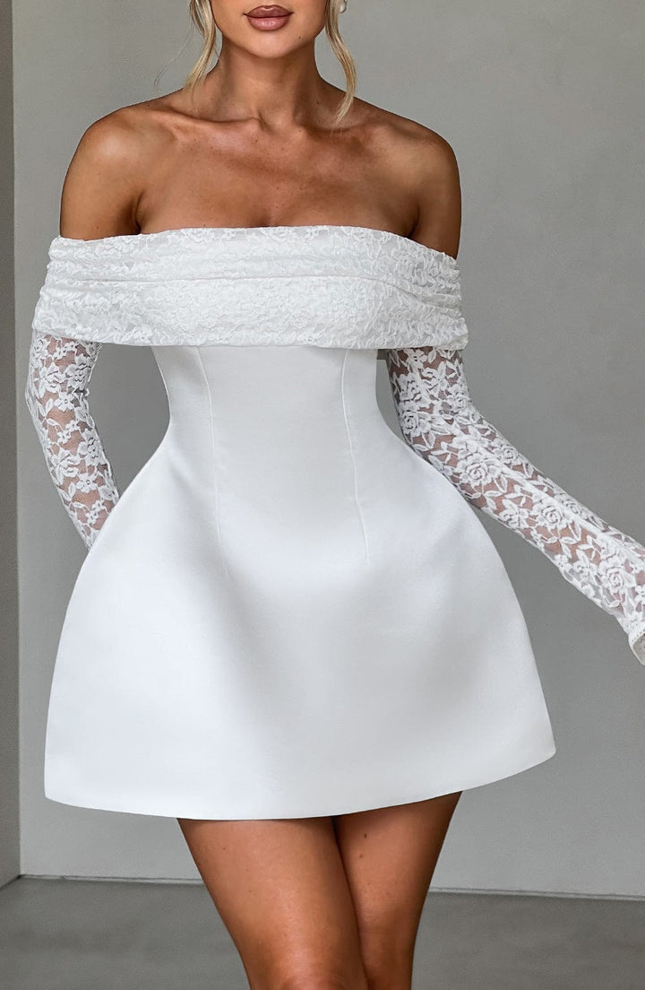 Women's Short Lace Sleeve Dress With Off-Shoulder Design