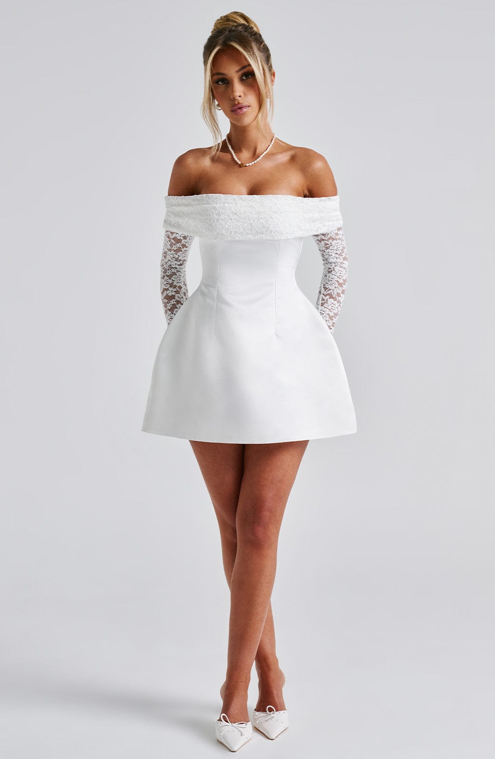 Women's Short Lace Sleeve Dress With Off-Shoulder Design