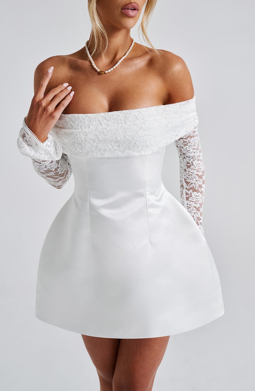 Women's Short Lace Sleeve Dress With Off-Shoulder Design