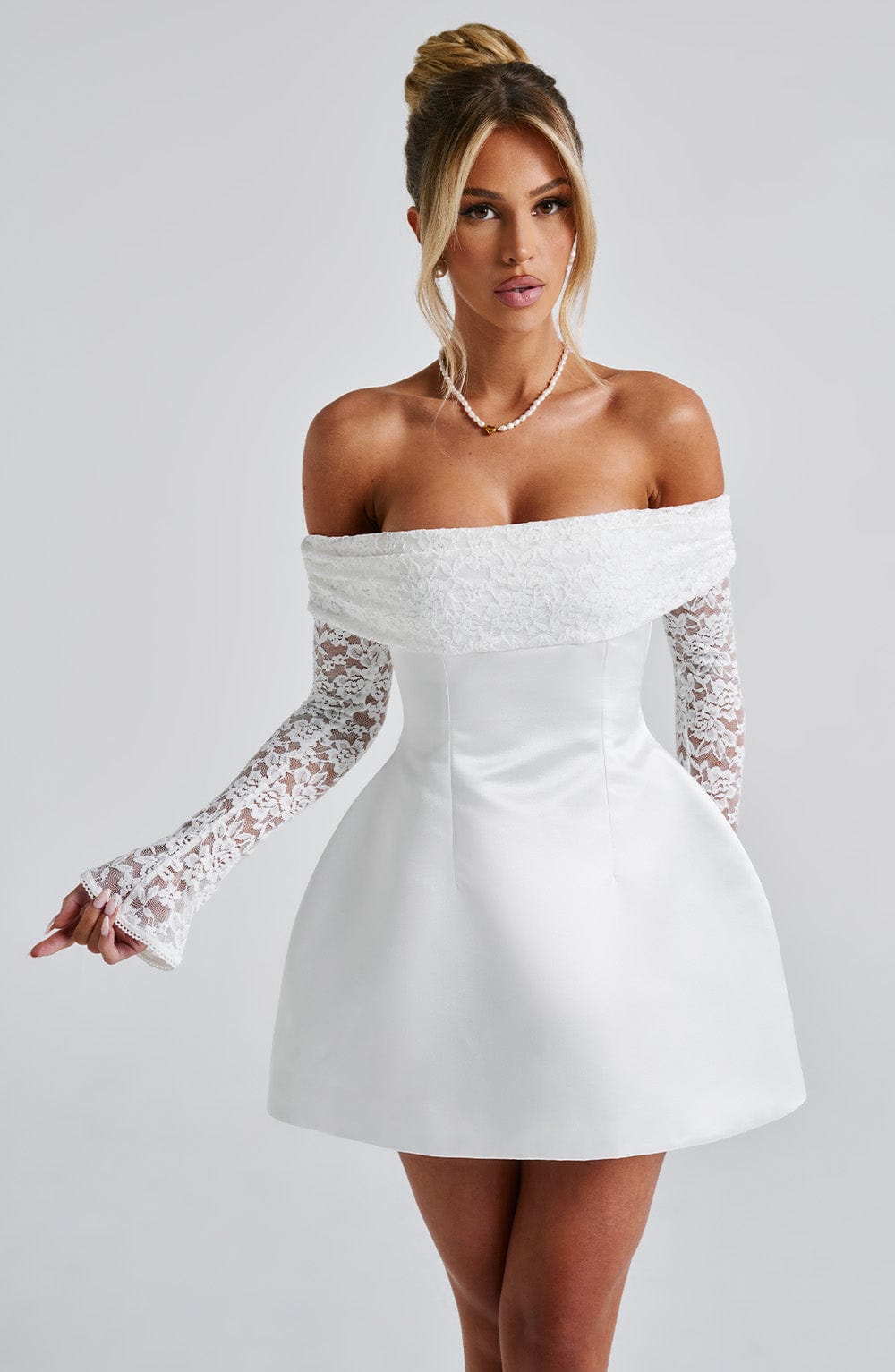 Women's Short Lace Sleeve Dress With Off-Shoulder Design