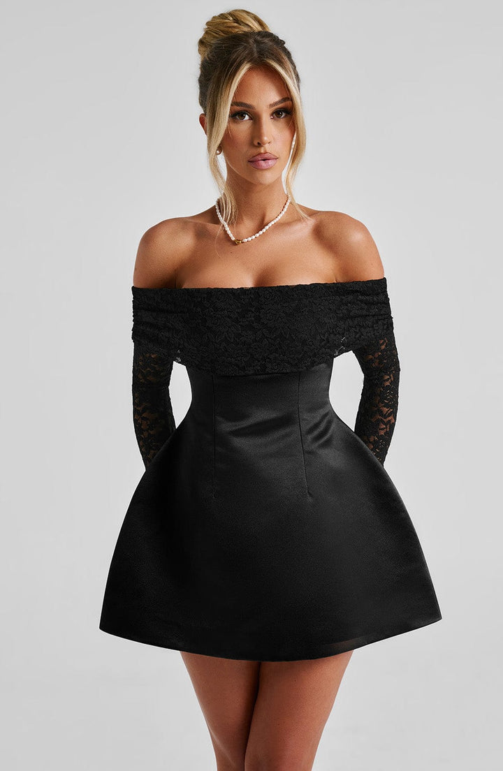 Women's Short Lace Sleeve Dress With Off-Shoulder Design