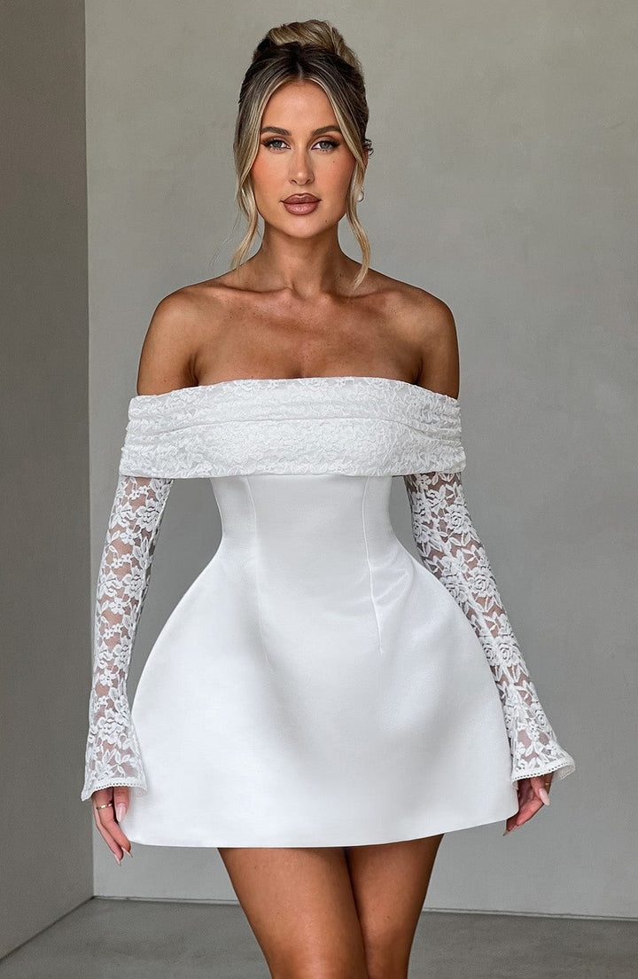 Women's Short Lace Sleeve Dress With Off-Shoulder Design