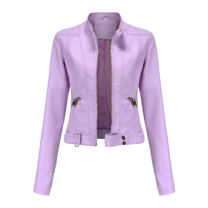 Women's Leather Jacket with Zip Closure High Collar and Belt