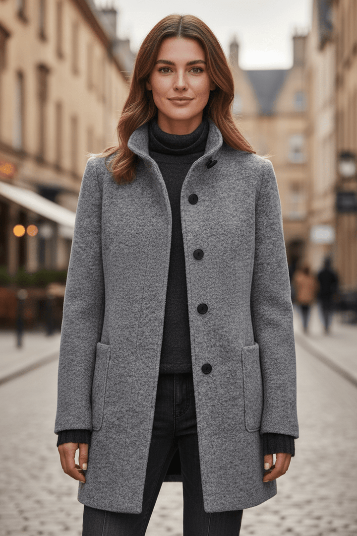Elara – Women’s Wool Blend Coat with Stand Collar and Pockets
