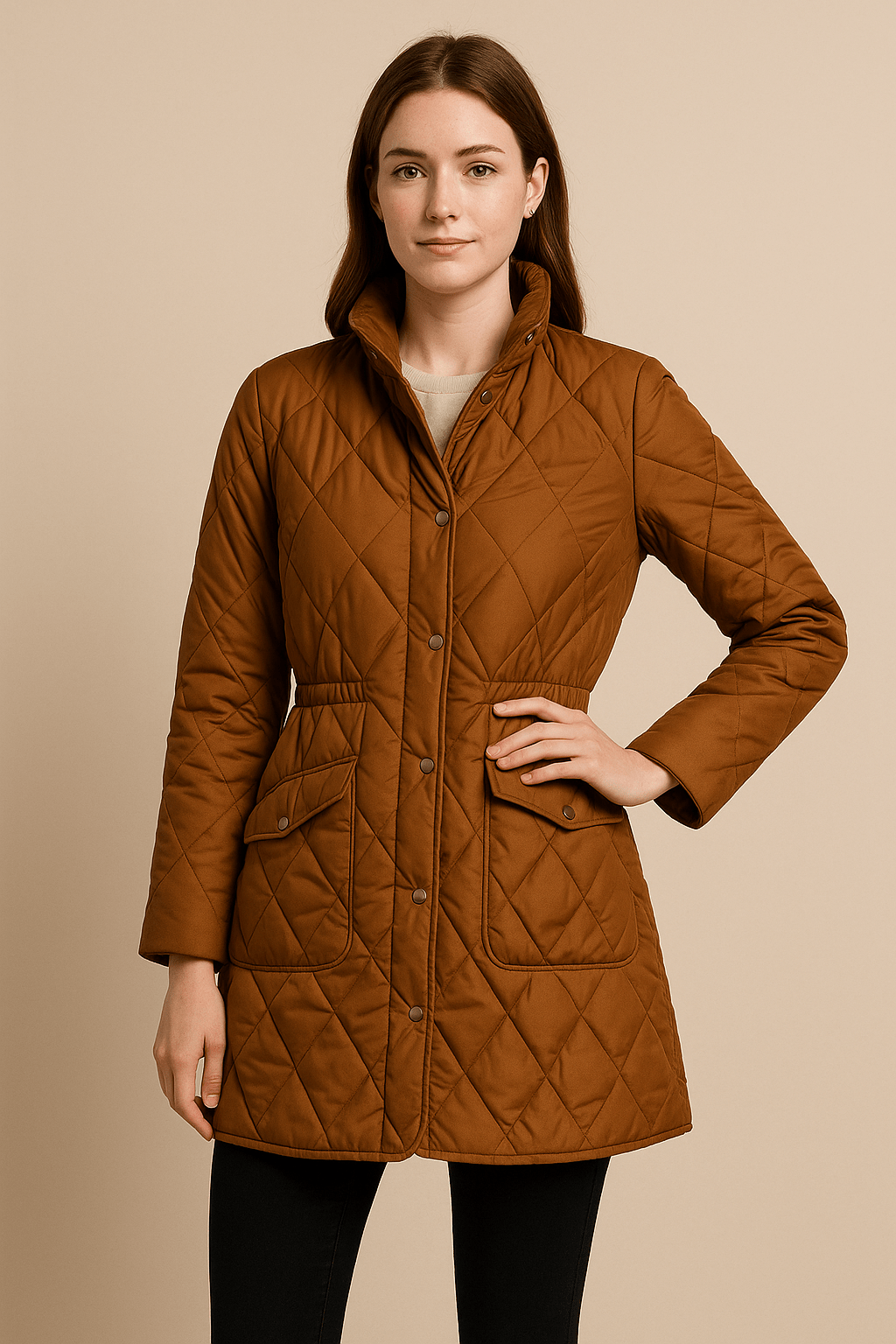 Juno – Women’s Mid-Length Quilted Jacket with High Collar and Button Closure