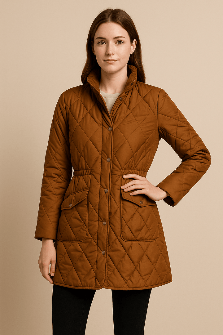 Juno – Women’s Mid-Length Quilted Jacket with High Collar and Button Closure
