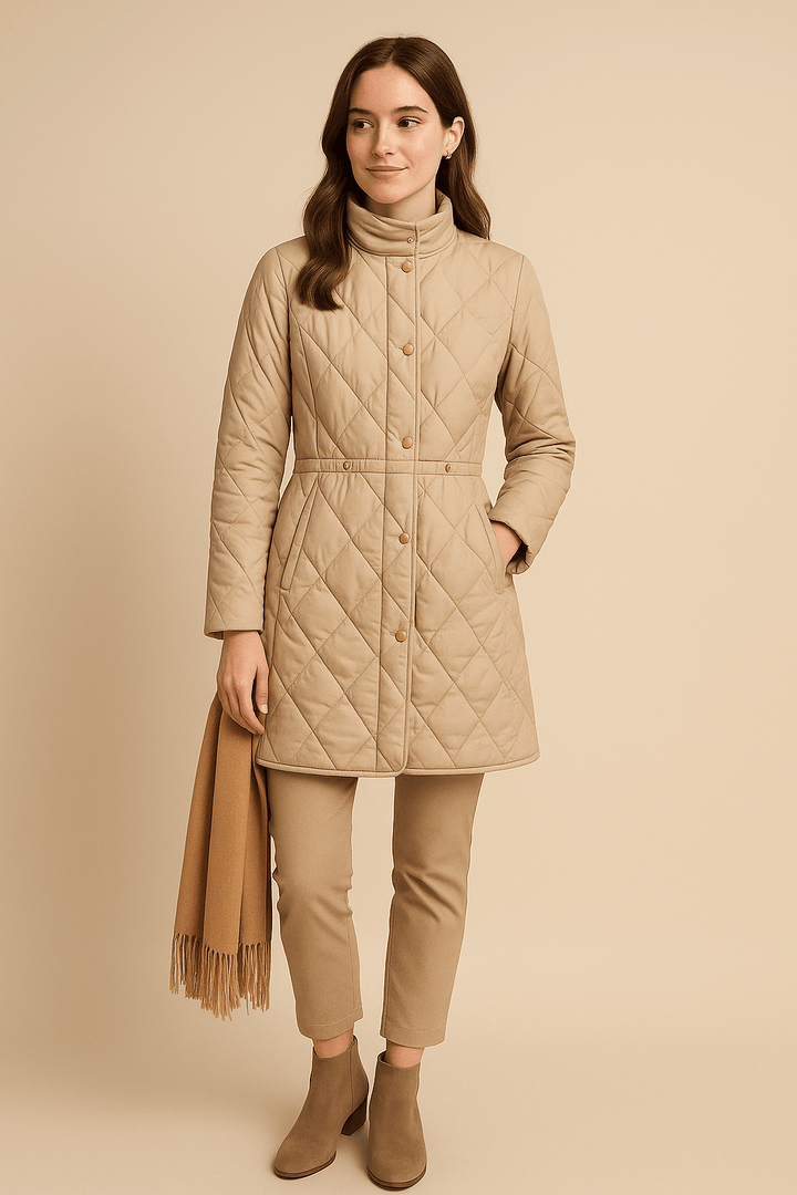 Juno – Women’s Mid-Length Quilted Jacket with High Collar and Button Closure