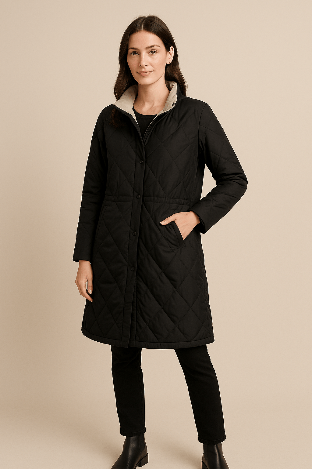 Juno – Women’s Mid-Length Quilted Jacket with High Collar and Button Closure