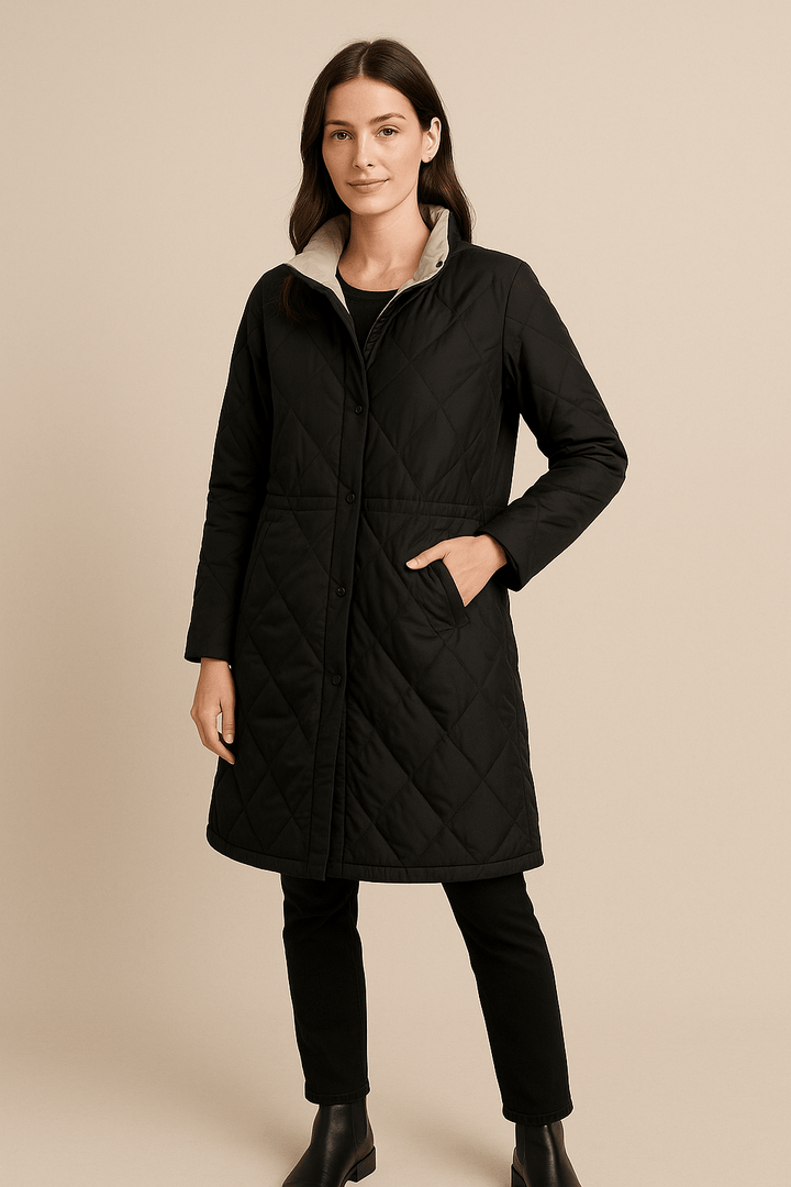 Juno – Women’s Mid-Length Quilted Jacket with High Collar and Button Closure